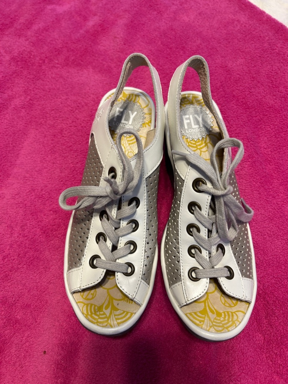 Fly London Women's Gray and White Open-Toe Lace-Up Sneakers